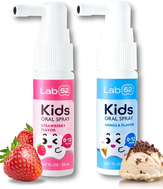 LAB52 Kids Oral Spray, Toddler Toothpaste Helper for Daily Oral Care and Fresh Breath, Children Approved with Fluoride Free for Newborn to Preschoolers, Xylitol (Strawberry & Vanilla)