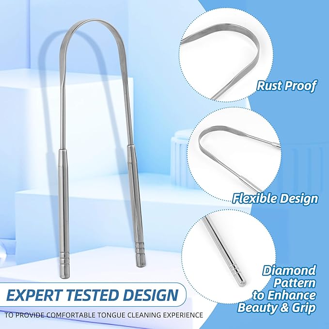 6 Pack Tongue Scraper - Reusable & Easy to Clean Tongue Scrubber with Travel Case for Adults & Kids - Medical-Grade 100% Stainless Steel Tongue Cleaner for Fresh Breath & Oral Care