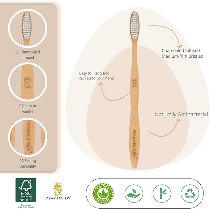 Paramexview® Natural Bamboo Toothbrushes Set of 4 | BPA-Free Medium Bristles, Eco-Friendly | Biodegradable Handle, Charcoal Infused and Organic Base (White)