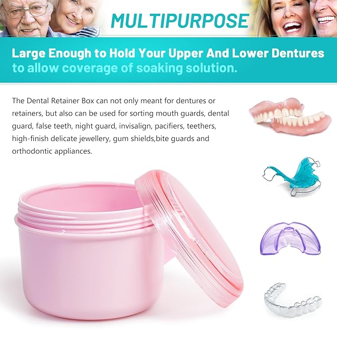 Denture Case with Denture Brush, Waterproof Denture Bath with Portable Denture Brush Holder,Partial Denture Case with Basket denture cups for soaking dentures (pink)
