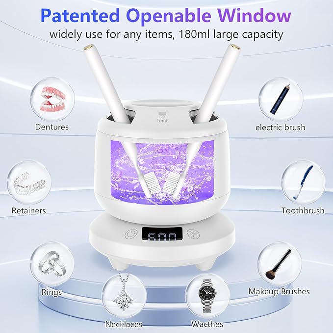 2025 Ultrasonic Retainer Cleaner for Dentures & Aligner, Durable Removable Base and Top Cover, Denture Cleaner Machine with 4 Modes for Mouth Guards, Jewelry, Rings, etc (White)