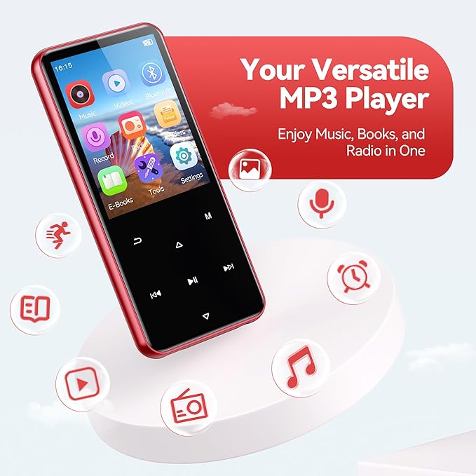 AGPTEK 64GB MP3 Player with Bluetooth, M3 2.4 inch Music Player with Speaker and FM Radio, Touch Buttons, Supports Up to 128GB (Black Red)