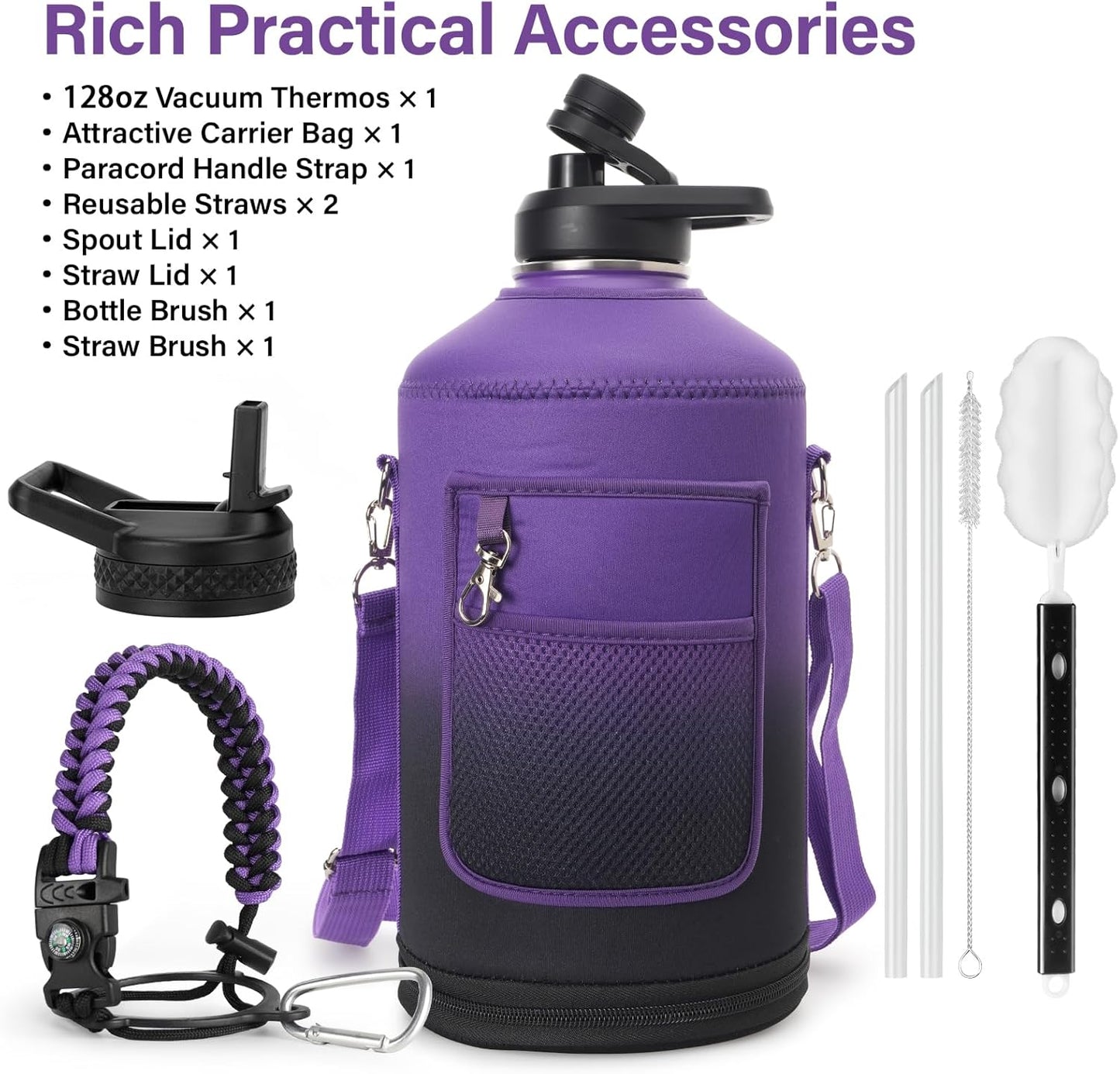 1 Gallon Water Bottle Insulated | Thickened Stainless Steel Vacuum Metal Water Jug | Portable Sports Large for Gym and Hiking with Straw, Carrier Bag, Handle Strap | BPA-Free 128 oz