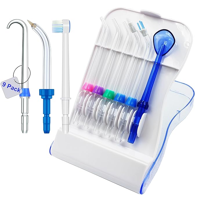 Replacement Tips Compatible with Waterpik Water Flosser, Storage Case and 9 Tips, Compatible with Waterpik Aquarius Water Flosser, WP-660, WP-580, WF-20, CC-04, WP-662, WP-667CD, WF-13, WF-12