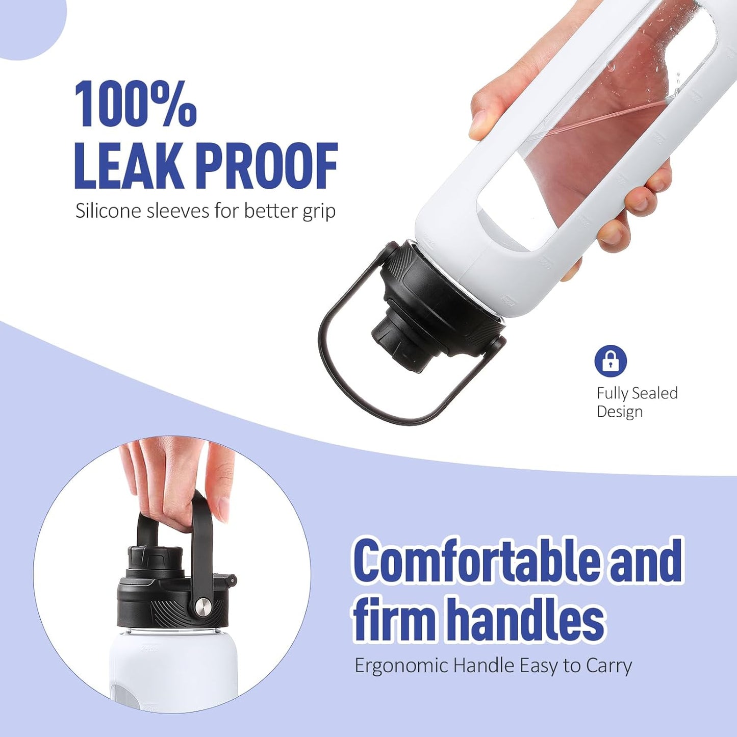 Kodrine Water Bottle with Straw, 24 oz Glass water Bottle with 2 Lids Bamboo Straw Lid and Spout Lid with Handle, 32 oz Clear Water Bottle Glass for Sports Travel, Waterbottle with Time Marker