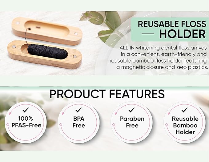 ALL IN Waxed Charcoal Floss with a Refillable Dental Floss Holder - Plant Based, No PFAS - Mint Floss for Effective Plaque Removal, Clean Teeth, Fresh Breath - 32 yd