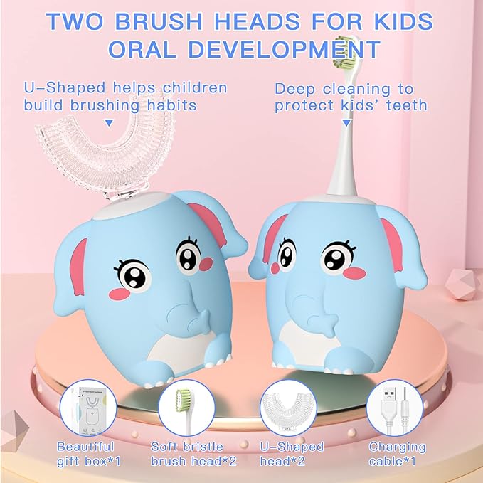 Kids Electric U Shaped Toothbrush Children Rechargeable Sonic Toothbrush with 4 Brush Heads Full Mouth 6 Cleaning Modes - (Age 8-15 Blue)