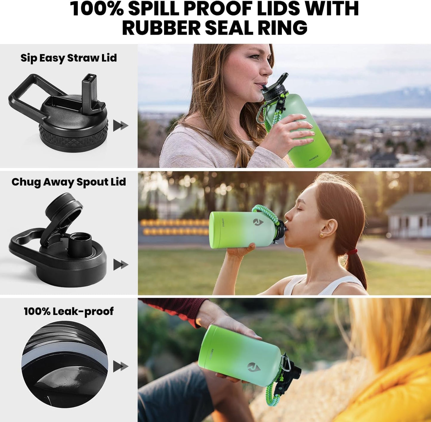 Insulated Water Bottle 64 oz, Triple Wall Vacuum Stainless Steel (Cold for 48 Hrs), Leak Proof & Non-BPA, Half Gallon Water Flask Jug with Paracord Handle & Straw Spout Lids