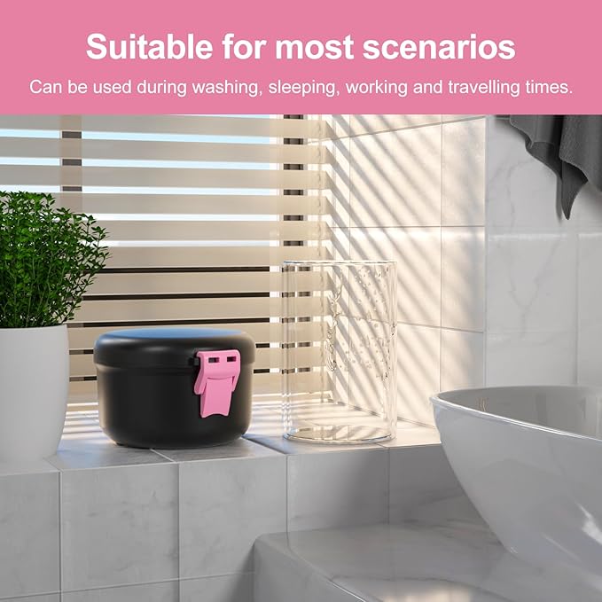 BVN Leak-Proof Denture Bath Cup for Travel, Denture Cup for Soak Dentures, Retainer Cleaning Case with Strainer (Black + Pink)