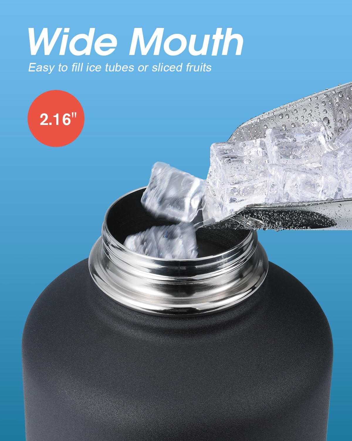 64 oz Water Bottle Insulated with Straw & 3 Lids, Coolflask Large Metal Stainless Steel Water Jug Big Half Gallon Wide Mouth for Sports, Gym or Office, Non-BPA Keep Cold 48H Hot 24H, Magic Black