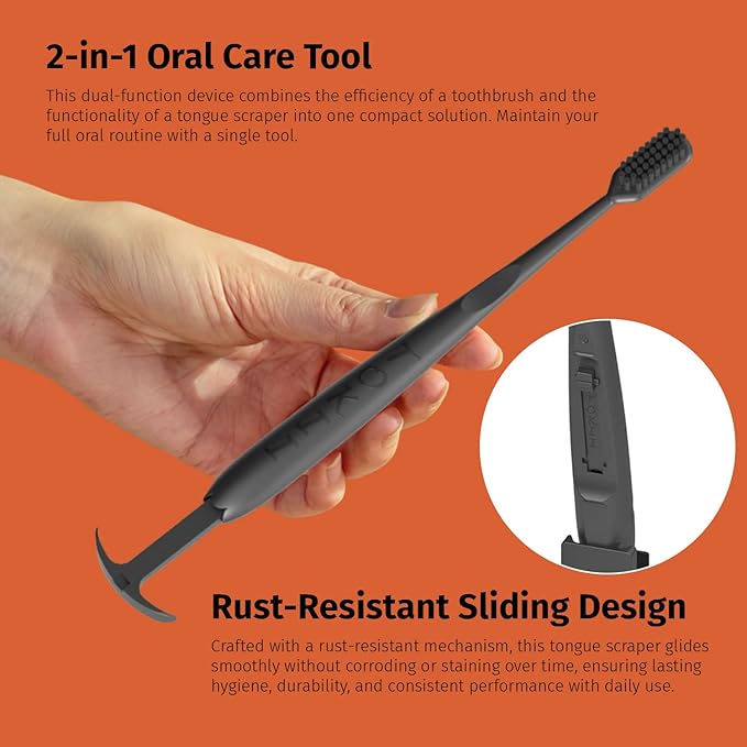 TOKII Tongue Scraper Cleaner Charcoal Bristles Toothbrush for Bad Breath with Waterproof Pouch for Travel, Hygienic Stand and Enviromentally Friendly (One Black & One White)