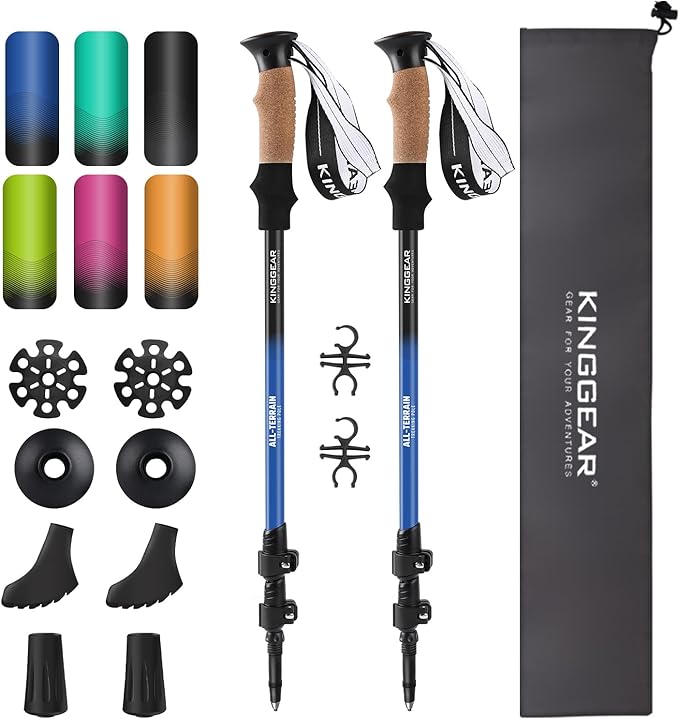 KINGGEAR Nordic Walking Stick, TP1 Hiking Poles Retractable Lightweight 7075 Aluminum, Trekking Poles with Flip Lock, Natural Cork and EVA Grip, 2pc Hiking Gear