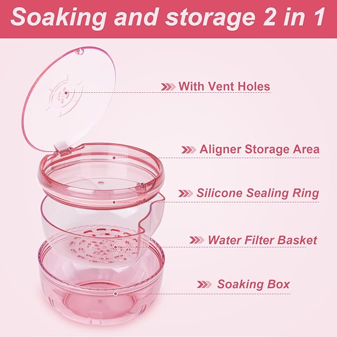 Retainer Cleaner Case,Double Layer No-Leak Denture Cup for Soaking Dentures, Denture Bath for Aligner,Retainers,Mouth Guard,Night Guard (Pink)