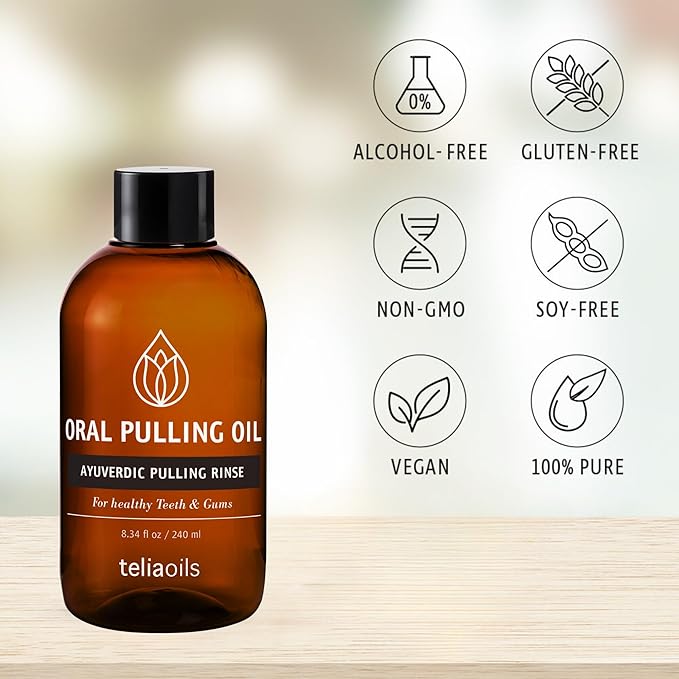 Teliaoils Coconut Pulling Oil (8.34 fl oz / 240 ml) for Mouth, Gums, Tooth – Ayurvedic Dental Mouthwash for Oral Health, Detoxification, Bad Breath – Whitens Teeth & Freshens Breath – Mint Flavor