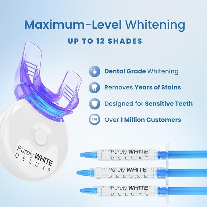PurelyWHITE DELUXE Teeth Whitening Kit, Complete LED Teeth Whitening, 15+ Treatments, (3) 3ml Whitening Gel Syringes, Whiter Smile in 7 Minutes