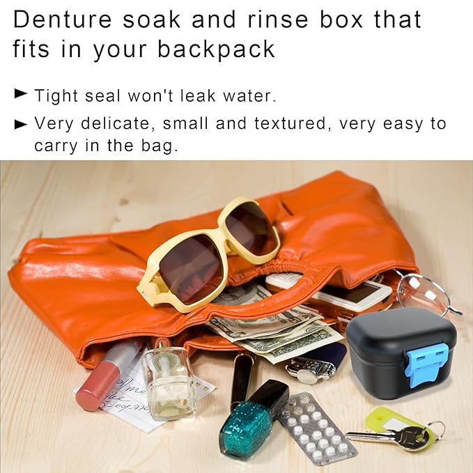 BVN Leak-Proof Denture Case, Denture Cup for Soaking Dentures, Retainer Cleaning Case Black and Bule Dent
