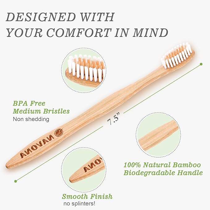 Navona 30 PCS Bamboo Toothbrushes Pack, BPA Free Medium Soft Bristles Toothbrushes for Adults, Eco-Friendly Natural Wooden Toothbrush Bulk, Box of Two Reusable Travel Toothbrush