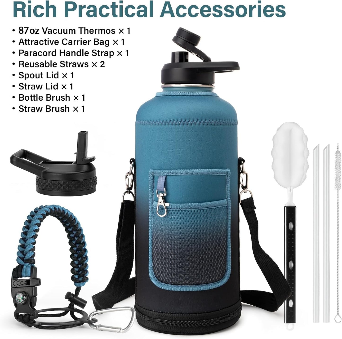 Insulated Water Bottle | Thickened Stainless Steel for Gym and Hiking with Straw, Carrier Bag, Handle Strap | BPA-Free 87 oz