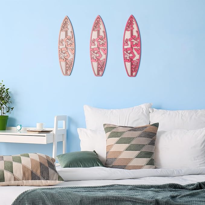 3 Pieces Hibiscus Surfboard Decor for Bedroom Wooden Beach Wall Decor Summer Wood Surfboard Wall Hanging Sign for Tropical Living Room Decoration(Pink)