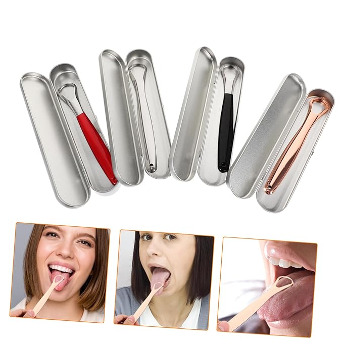 4sets Tongue Coating Cleaning Tool Stainless Steel Double-sided Tongue Scraper for Adults Carrying Case