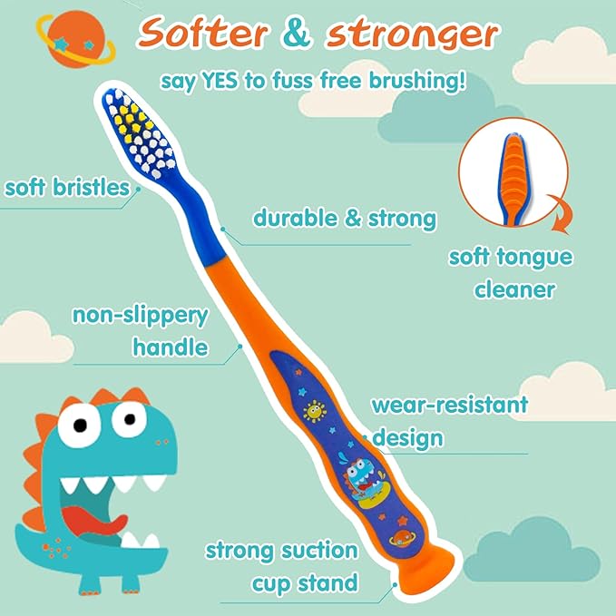 Dinosaurs 4-Piece Toothbrush Set Kid's Toothbrush Set Kids Travel Set Toothbrush, Toothbrush Cap, Cup Included and Carry Bag