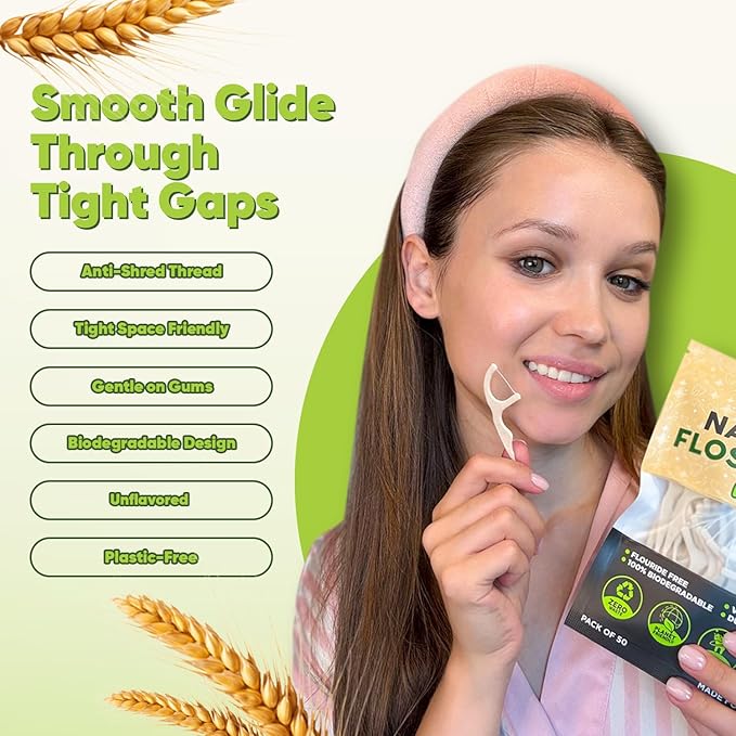 Biodegradable Floss Picks (Unflavored) - Natural Straw Wheat Handle | Thin & Durable Thread for Tight Gaps! | Dental Flossers for Adults | Gentle on Gums & Teeth | Eco Friendly, Vegan (100 Pack)