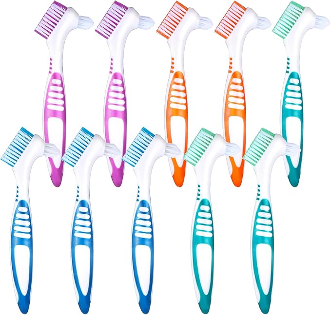 10 Pcs Denture Brush for False Teeth Denture Care Cleaning Brush Double Sided Toothbrush Portable Soft Multi-Layered Bristles Cleaner Brushes Ergonomic Rubber Handle