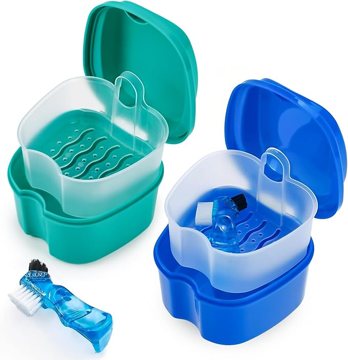 2 Pack Color Retainer Cleaner Case Denture Cups for Soaking Dentures, False Teeth Container Partial Denture Cleaning Case with Lid Travel - Lake Green and Dark Blue