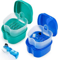 2 Pack Color Retainer Cleaner Case Denture Cups for Soaking Dentures, False Teeth Container Partial Denture Cleaning Case with Lid Travel - Lake Green and Dark Blue