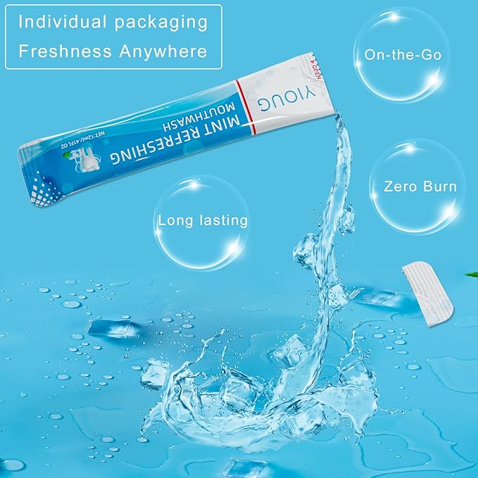 Travel Mouthwash Packets to Go, Alcohol Free, Mint Mouth Wash for Adults, Long-Lasting Freshness - 20 Individually Wrapped Mints & Breath Strips with Xylitol, Purse Mini Essentials