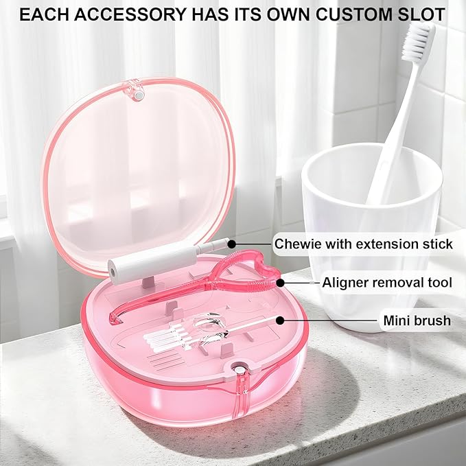 Pink Aligner and Retainer Case Double-layer Cute Slim Braces Night Mouth Guard Case with Remover Tool, Chew and Cleaning Brush, Built in Mirror Orthodontic Dental Retainer Container