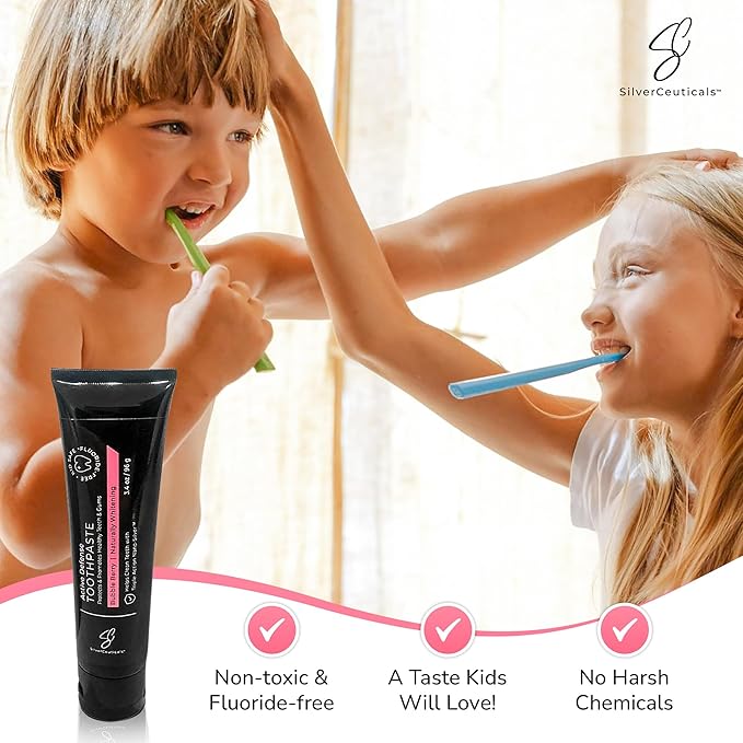 Colloidal Silver Toothpaste w/Coral Calcium & Xylitol - Bubble Berry - Remineralize Tooth Enamel - SLS & Fluoride Free Cavity Protection - Gum Health - Bad Breathe - Gingivitis - Mild Flavor - 3.4oz