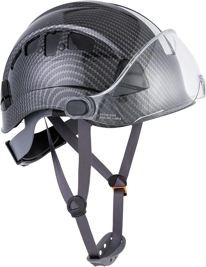 LOHASPRO Hard Hats Construction Safety Helmet with Visor ANSI Z89.1 Approved OSHA Hardhat, Vented Carbon Fiber Hard Hat with Chin Strap Tree Helmet(Black Graphite Pattern with Clear Visor)
