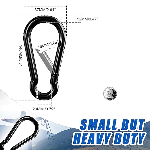 KINLINK 1 Pack Black Carabiner Clip, 5.5 inch Heavy Duty Spring Snap Hook, Large Caribeener Clips for Camping, Swing Set, Hammock, Hiking, Travel, Weight Lifting Machine, Home Gym Equipment