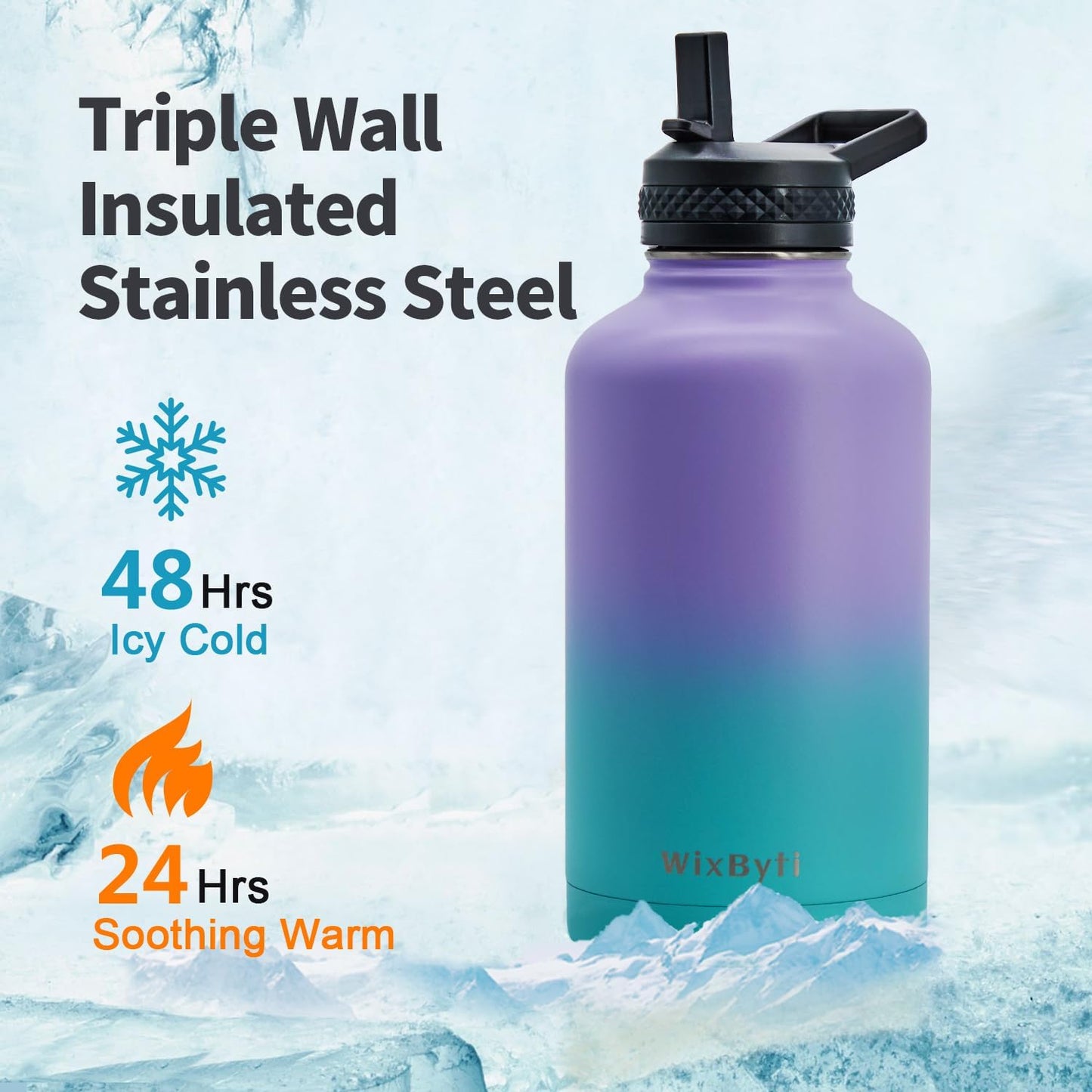 64 oz Insulated Water Bottle with Straw (Cold for 48 Hrs), Half Gallon Stainless Steel Triple Wall Vacuum Sports Water Jug, Leakproof Hydro Cup Flask with Straw Spout Lids & DIY Stickers