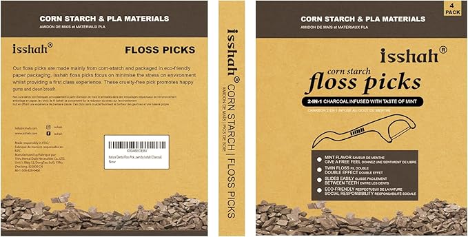 Natural Dental Floss Picks - 200 Count - PETA Approved, BPA Free, Vegan, Sustainable, Eco Friendly, Natural Dental Flossers by Isshah (Charcoal)
