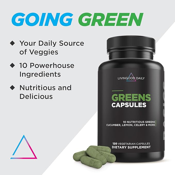 Livingood Daily Greens Capsules, Super Greens Supplement with Spirulina, Chlorella, Broccoli, Spinach, Celery, Lemon & More, Plant Based for Digestion & Gut Health, Non GMO, Vegetarian, 120 Ct