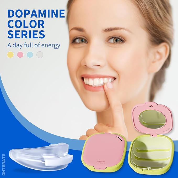 Magnetic Retainer Box with Mirror, Compact Denture Case with Vent Holes & Retainer Remover Tool & Chewies & Brush, Protable Aligner Cleaner Case for Night Mouth Guards, Braces (Pink Green)