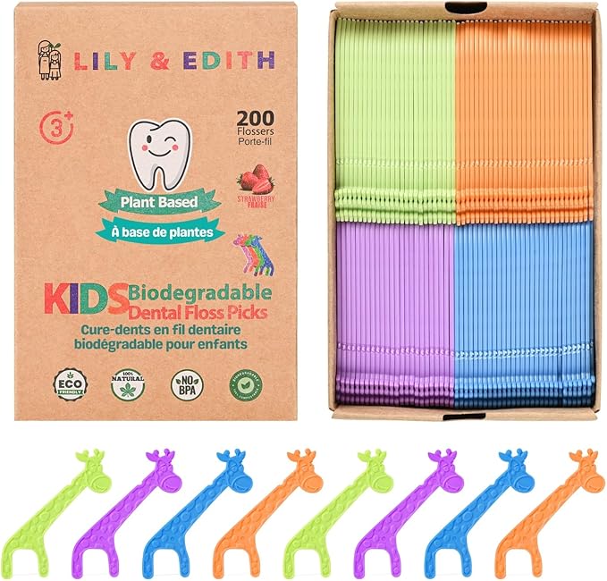 LILY & EDITH Kids Plant Based Dental Floss Picks 200 Counts, Fluoride Free, Corn Starch Material, Chemical Free, Fun Animal Flossing Sticks, Ultra Sturdy Thread, Zero Waste Package (Strawberry)