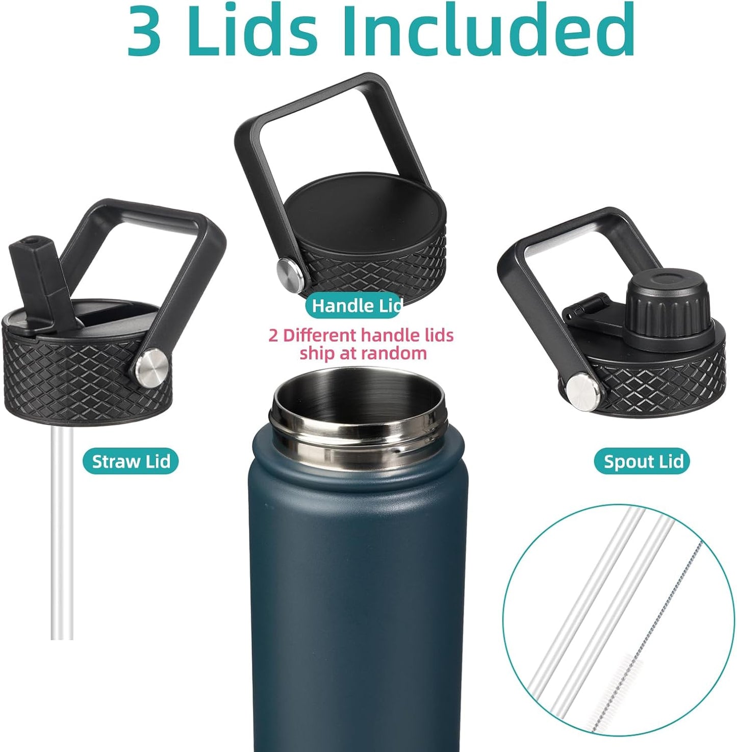 22oz Stainless Steel Bottles with 3 Lids Sport Insulated Water Bottle,Navy Blue