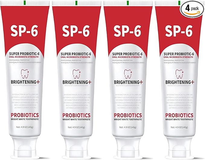 SP-6 Probiotic Whitening Toothpaste, Enhanced Formula with 6 Probiotics for Teeth Whitening and Gum Health, Enamel-Safe, Fluoride-Free, Fresh Mint Flavor, 4.6oz (4)