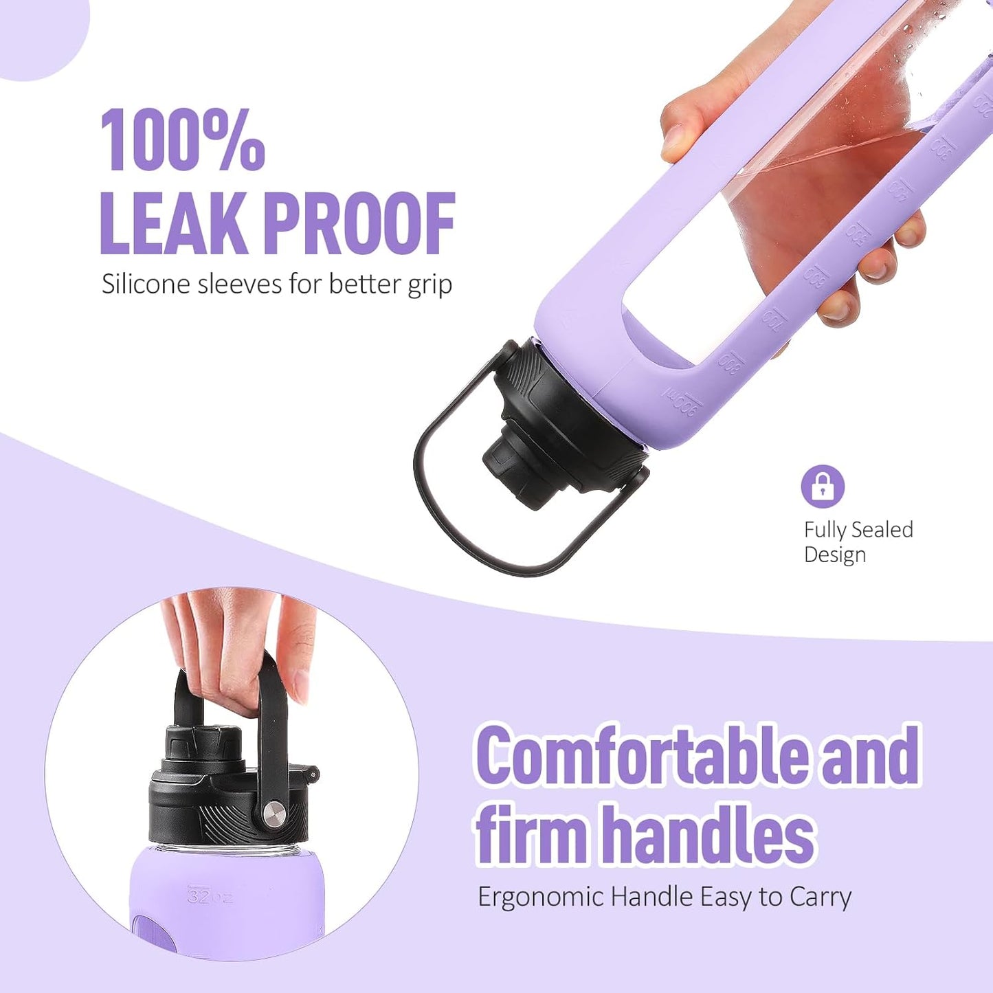 Kodrine Water Bottle with Straw, 24 oz Glass water Bottle with 2 Lids Bamboo Straw Lid and Spout Lid with Handle, 32 oz Clear Water Bottle Glass for Sports Travel, Waterbottle with Time Marker