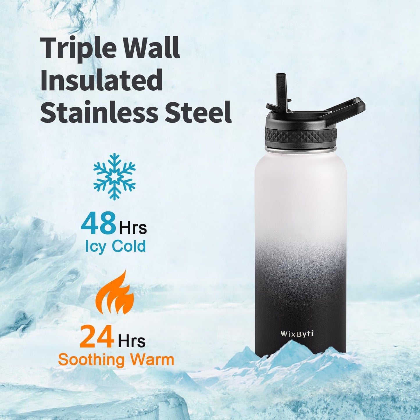 32 oz Insulated Water Bottle with Straw (Cold for 48 Hrs), Stainless Steel Triple Wall Vacuum Sports Water Jug, Leakproof Hydro Cup Flask with Paracord Handle & Straw Spout Lids & DIY Stickers