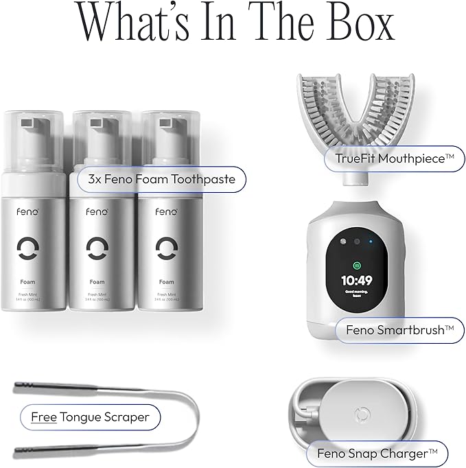 Feno Smartbrush Founders Edition Plus – AI-Powered Electric Toothbrush with Personalized Mouthpiece, Foam Toothpaste (3 Tubes), Tongue Scraper & 12-Month Plus Subscription