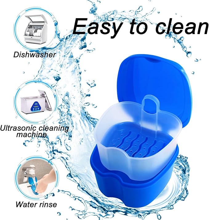 2 Pack Color Retainer Cleaner Case Denture Cups for Soaking Dentures, False Teeth Container Partial Denture Cleaning Case with Lid Travel - Lake Green and Dark Blue