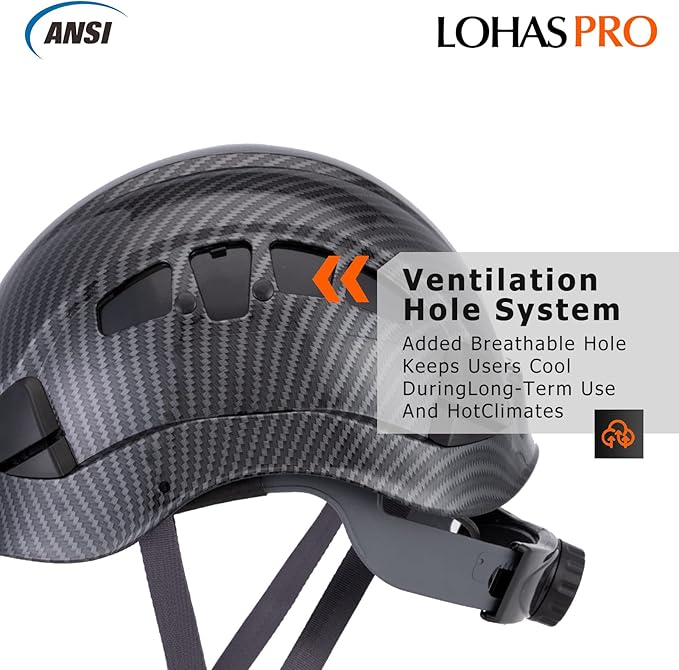 LOHASPRO Hard Hats Construction Safety Helmet ANSI Z89.1 Approved OSHA Hardhat, Vented Carbon Fiber Black Hard Hat with Chin Strap Tree Rescue Arborist Helmet(Black Graphite Pattern)