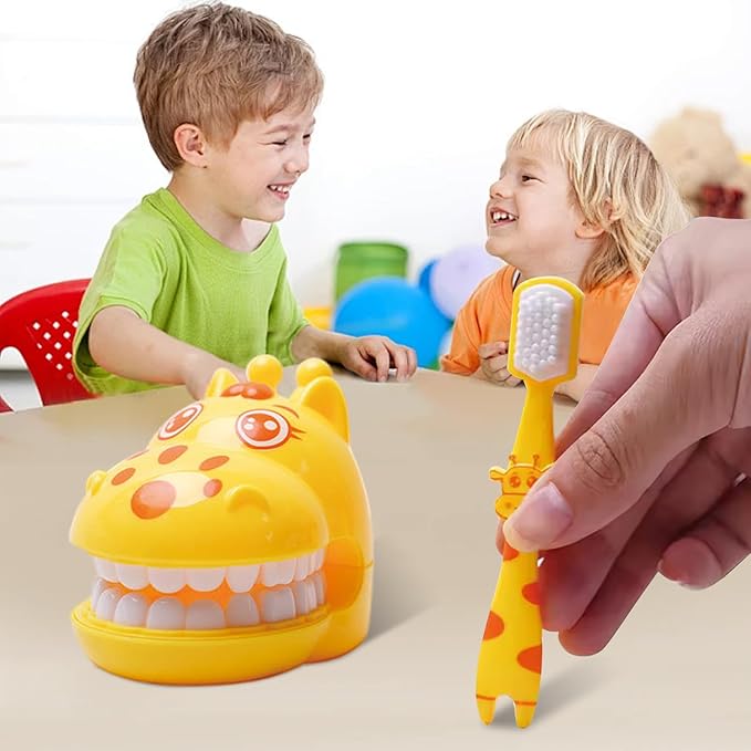 Cartoon Giraffe Early Education Dental Toy Set - Cute Interactive Teeth Model with Toothbrush for Teaching Brushing, Toothbrushing Trainer, Teeth Development Tool for Baby Toddler Kids