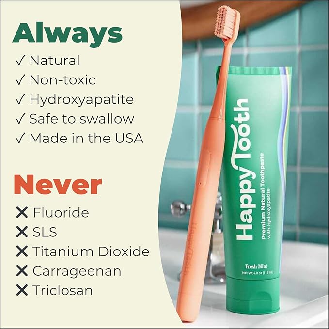 Happy Tooth Hydroxyapatite Toothpaste, Fluoride Free, Natural Whitening for Kids, Toddlers and Adults, SLS Free, Enamel Safe, Dentist Formulated with Clean Ingredients, Fresh Mint Flavor, 4.0 oz