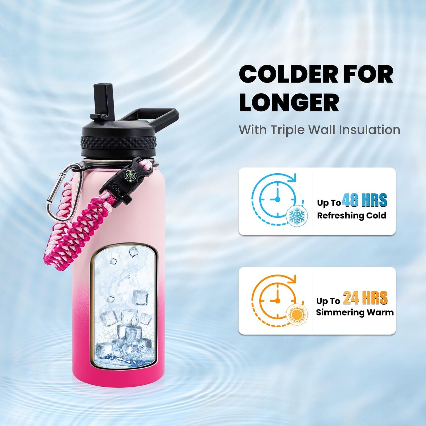 Insulated Water Bottle 32 oz, Triple Wall Vacuum Stainless Steel (Cold for 48 Hrs), Leak Proof & Non-BPA, Modern Water Flask Jug with Paracord Handle & Straw Spout Lids, Ombre Pink