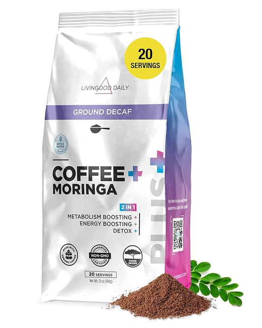 Livingood Daily Coffee with Moringa, Ground Decaf Coffee with Plant Based Ingredients for Daily Wellness, Made with Moringa Powder, Organic, Non GMO, Vegan, Gluten Free, 20 Servings, 12 oz Bag